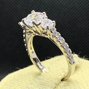 Three Stone Cubic Zirconia Prong set Engagement Style Sterling Silver 925 Sz 7